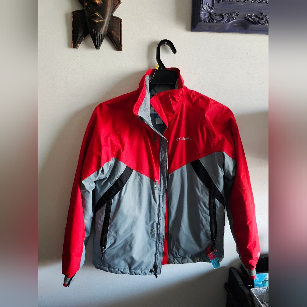 Columbia Boys Vibrant Red and Gray Windbreaker Coat Fleece Lining With Wicket